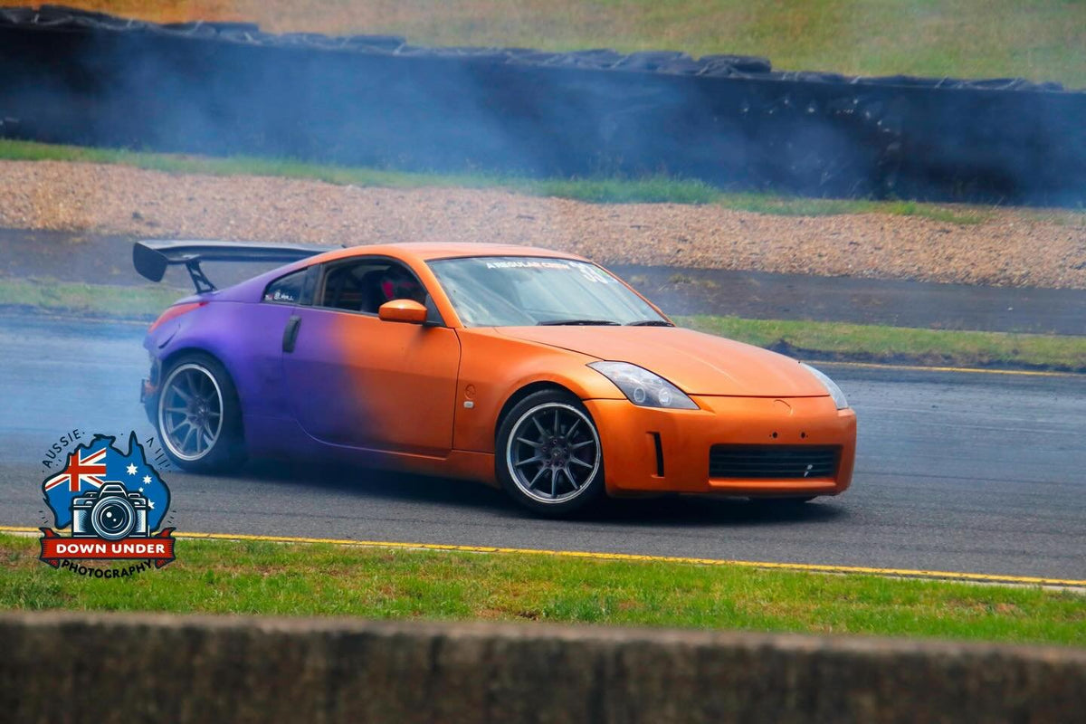 Nissan 350Z on SpeedWorks SW05 wheels drifting at Sydney Motorsport Park