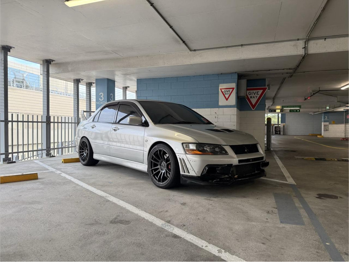 Mitsubishi Lancer Evolution (VIII/IX) on SpeedWorks SW14 18x8.5 +35 Matte Gunmetal alloy wheels