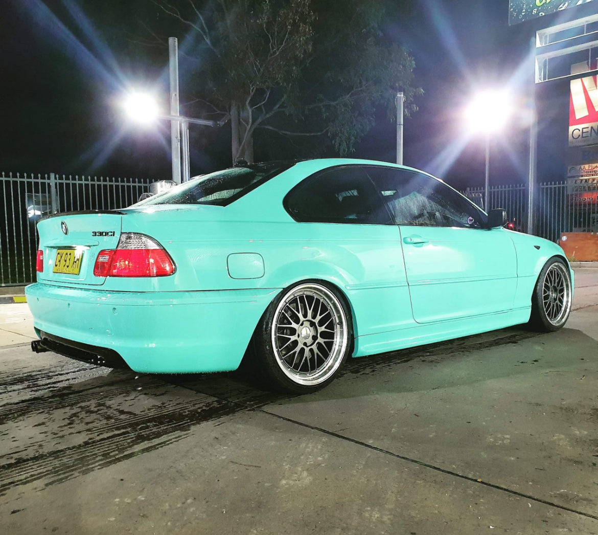 BMW 330Ci (E46) on SpeedWorks SW02 Staggered: 19x8.5 +30 / 19x9.5 +25 Hyper Black & Machine Lip alloy wheels