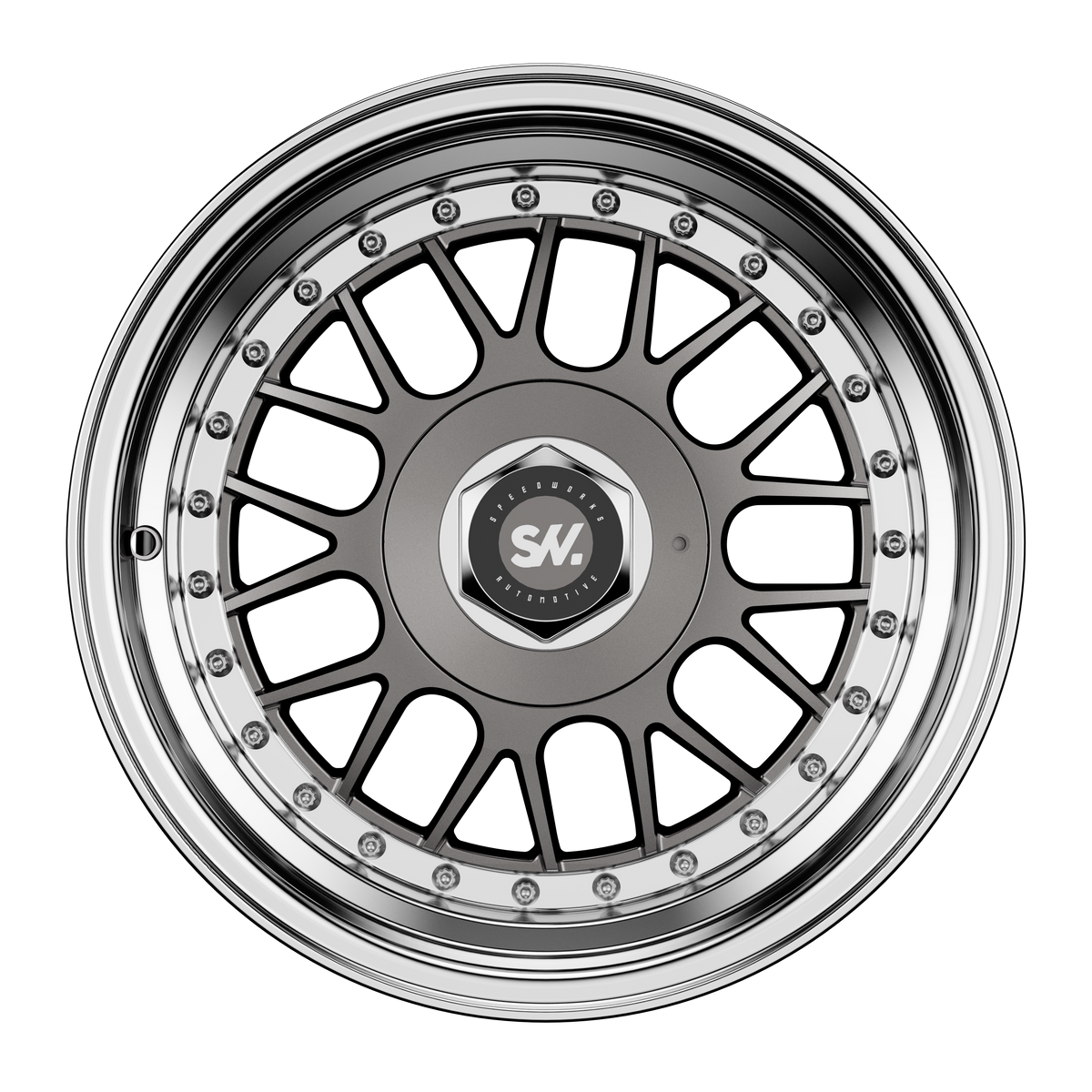 SpeedWorks SW13 15-inch alloy wheel in Hyper Black, Machine Lip & Silver Rivets front view