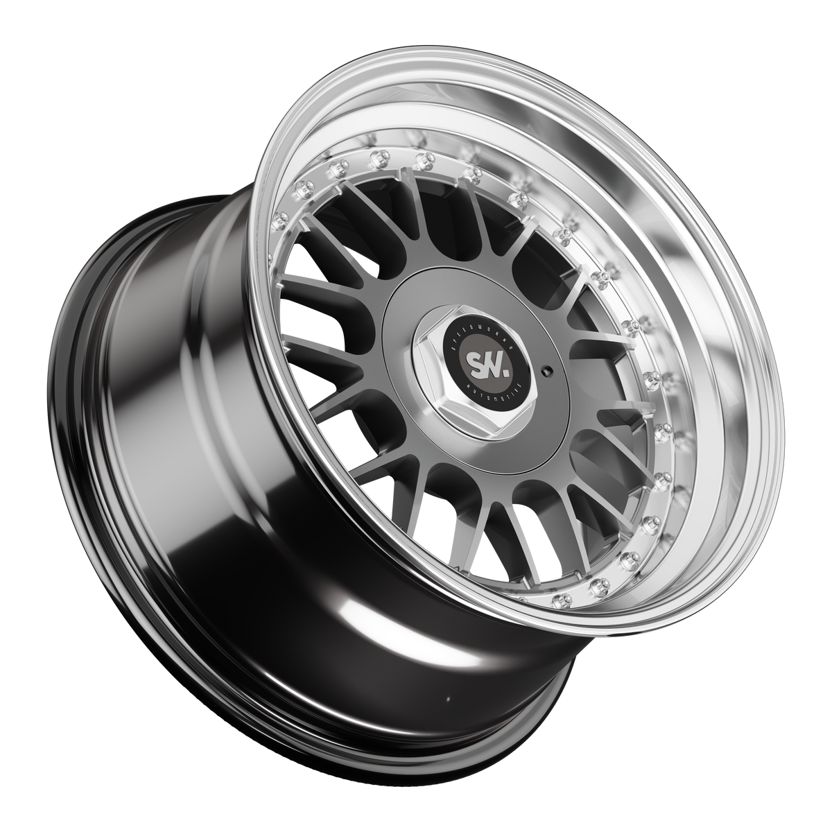 SpeedWorks SW13 15-inch alloy wheel in Hyper Black, Machine Lip & Silver Rivets