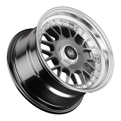 SpeedWorks SW13 15-inch alloy wheel in Hyper Black, Machine Lip & Silver Rivets