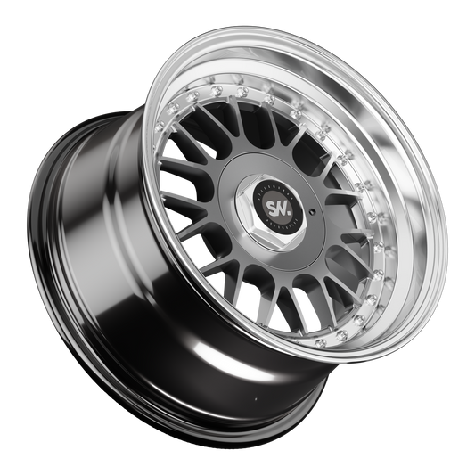 SpeedWorks SW13 15-inch alloy wheel in Hyper Black, Machine Lip & Silver Rivets