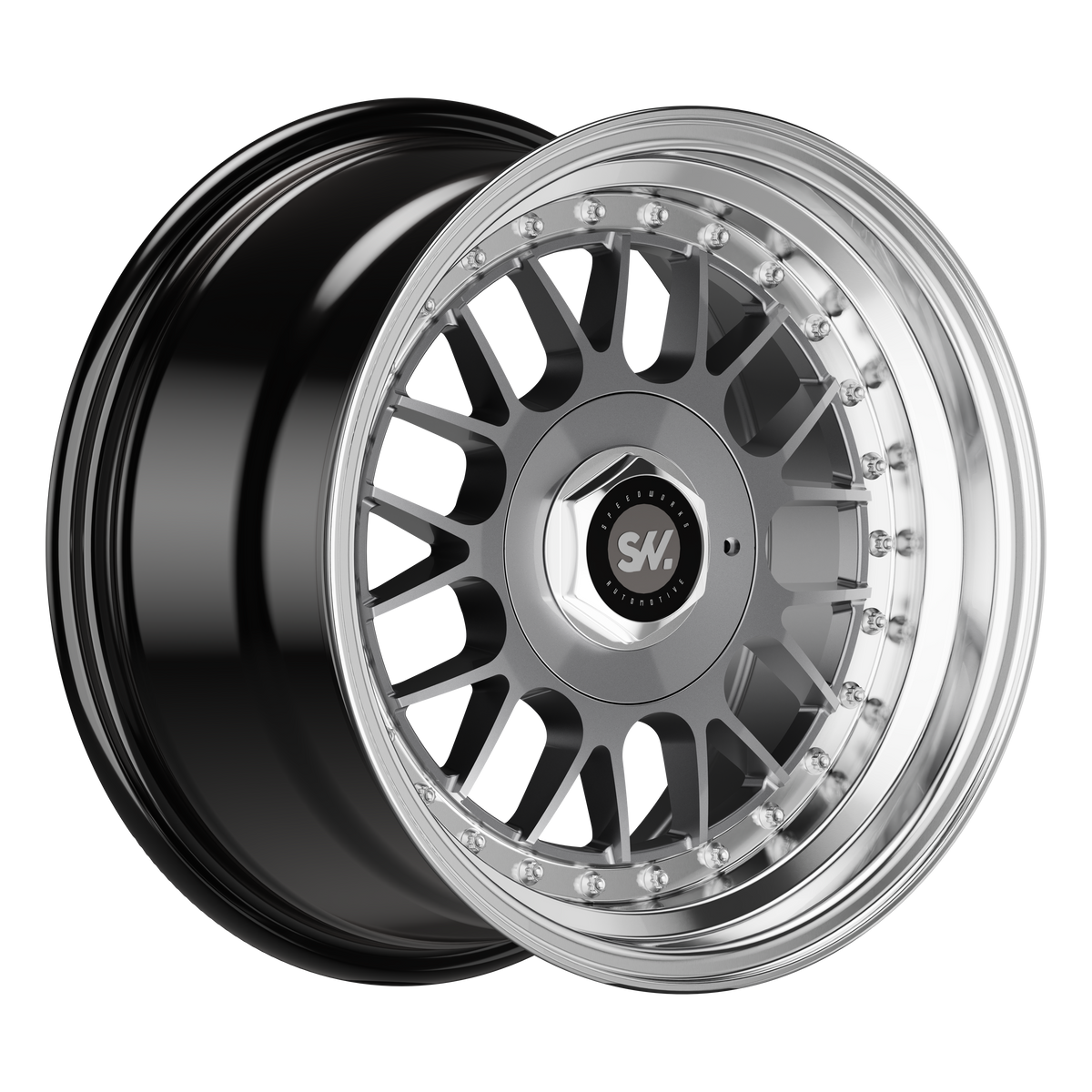 SpeedWorks SW13 15-inch alloy wheel in Hyper Black, Machine Lip & Silver Rivets
