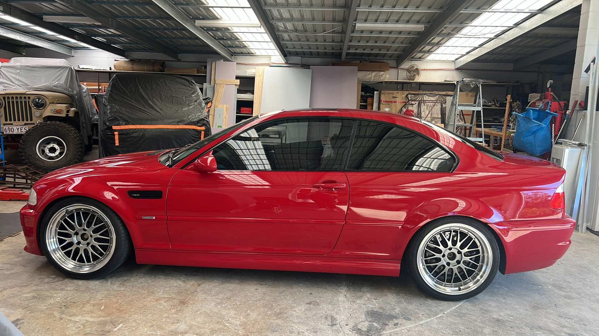 BMW M3 (E46) on SpeedWorks SW02 Staggered: 19x8.5 +30 / 19x9.5 +25 Hyper Black & Machine Lip alloy wheels, customer photo 1 of 3