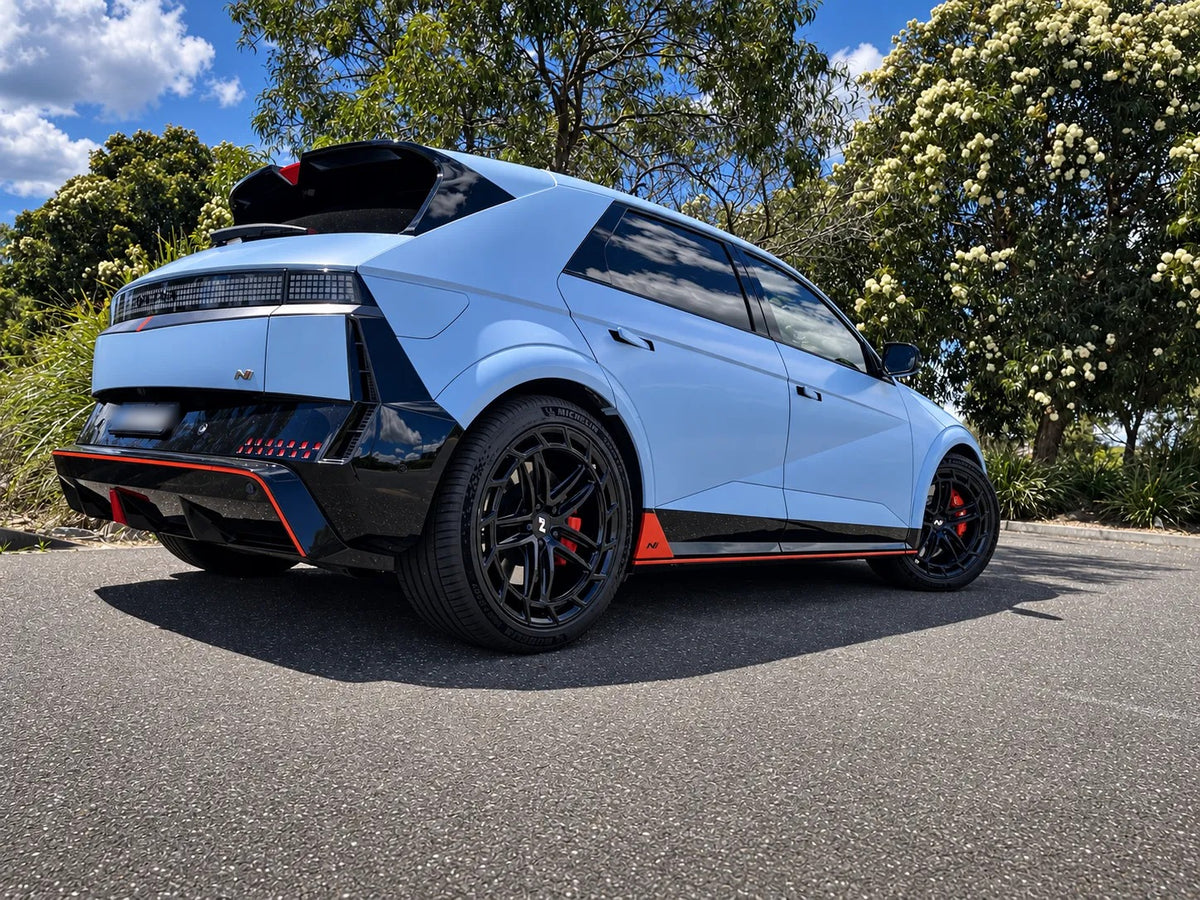 SWF15 forged wheels in Satin Black on a Hyundai Ioniq 5 N, rear three-quarter