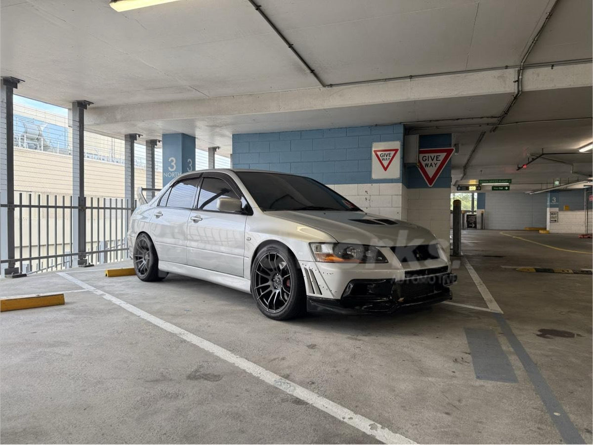 Mitsubishi Lancer Evolution (VIII/IX) on SpeedWorks SW14 18x8.5 +35 Matte Gunmetal alloy wheels