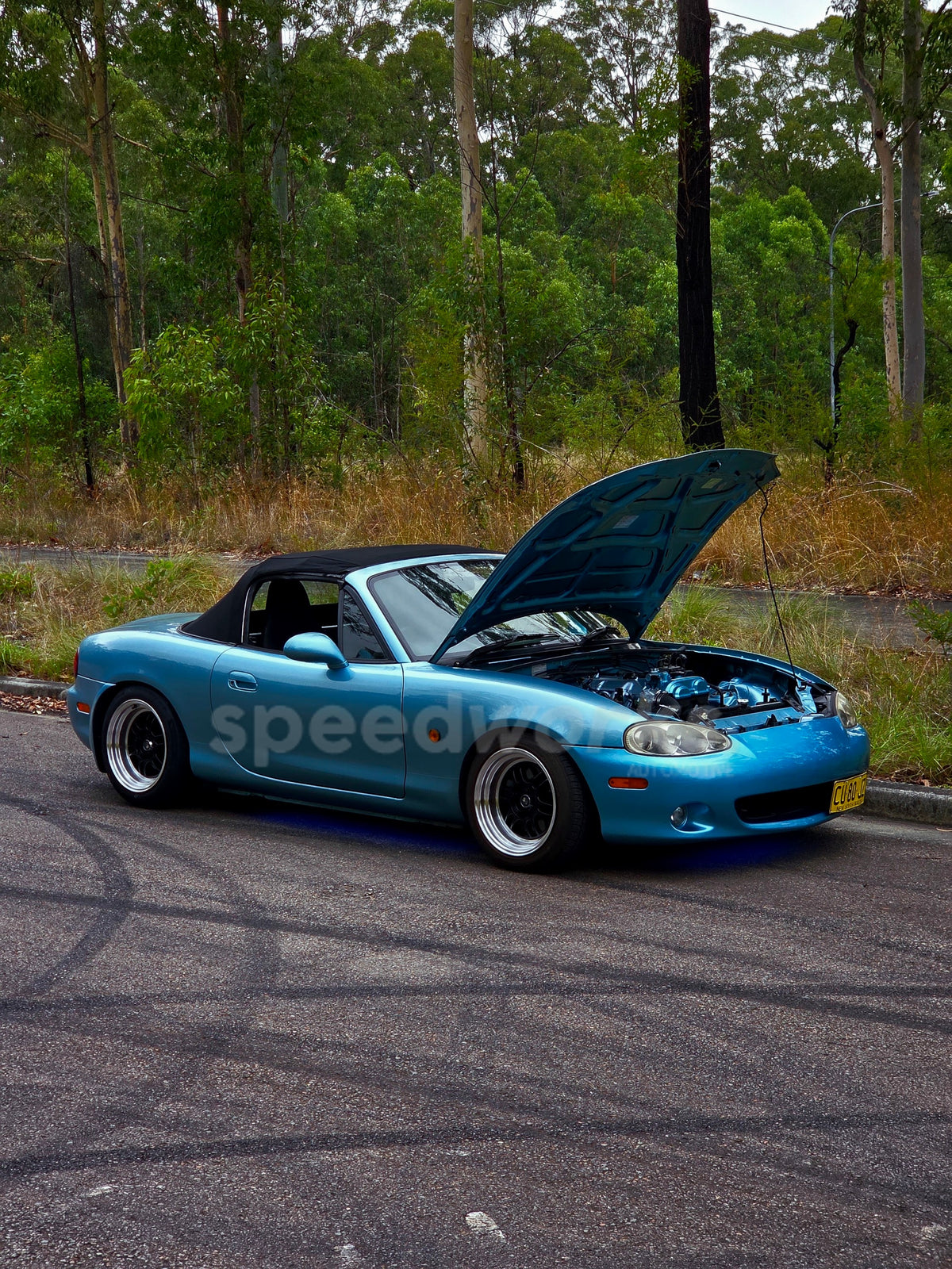 Mazda MX-5 (NB) on SpeedWorks SW08 15x8 +15 Hyper Black & Machine Lip alloy wheels