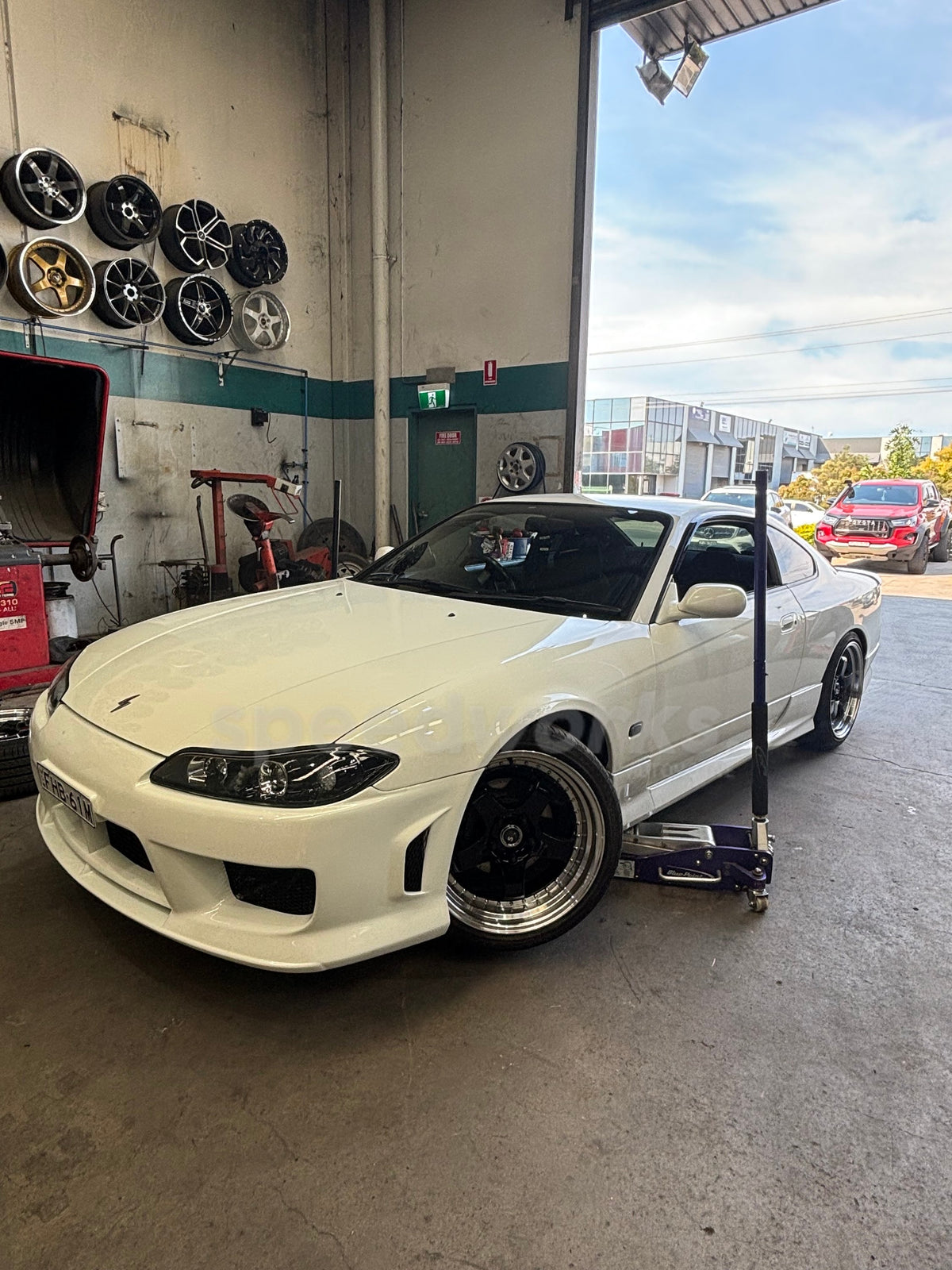 Nissan Silvia (S15) on SpeedWorks SW06 Staggered: 18x8.5 +35 / 18x9.5 +25 Gloss Black & Machine Lip alloy wheels