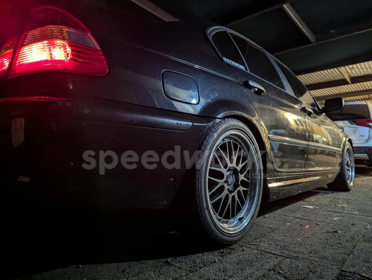 BMW 3 Series Sedan (E46) on SpeedWorks SW02 19x8.5 +30 Hyper Black & Machine Lip alloy wheels, customer photo 1 of 4
