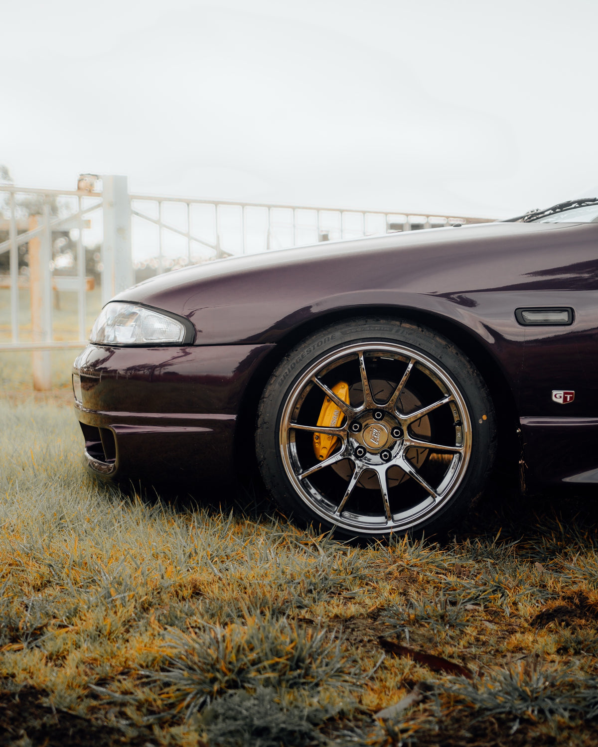 SWF01 forged wheels in Shadow Black Chrome on a purple Nissan Skyline R33, rear wheel close-up