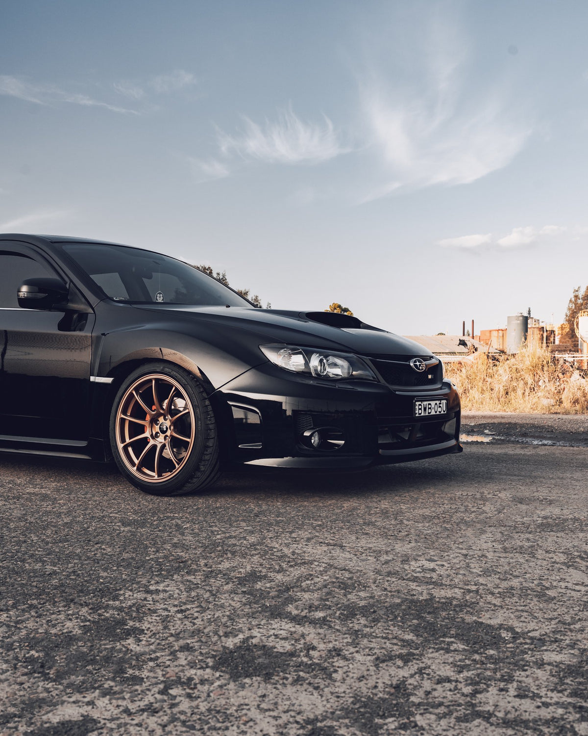 SWF01 forged wheels on a Subaru Impreza WRX, front three-quarter