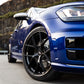 SWF02 forged wheels in Gloss Black on a blue Volkswagen Golf R Mk7, front wheel, low angle
