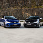 SWF03 forged wheels in Brushed Grey on a black Volkswagen Golf R Mk7.5, next to the blue Mk7 Golf R on SWF02