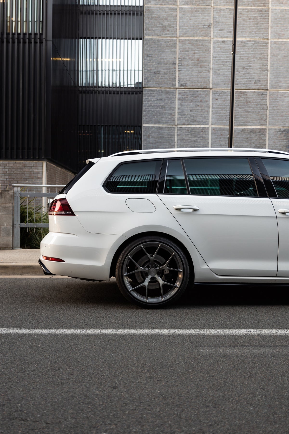 SWF03 forged wheels on a white Volkswagen Golf R Mk7.5 wagon, side profile
