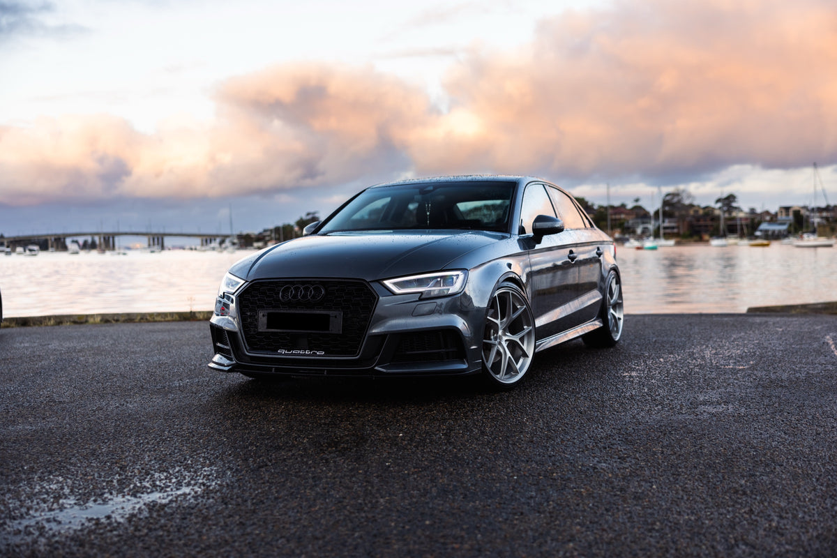SWF07 forged wheels on an Audi A3 8V, front at sunset