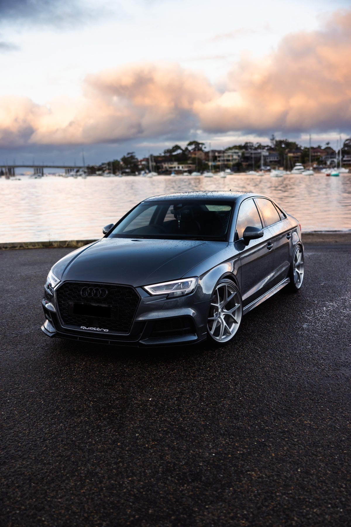 SWF07 forged wheels on an Audi A3 8V, front at sunset, portrait