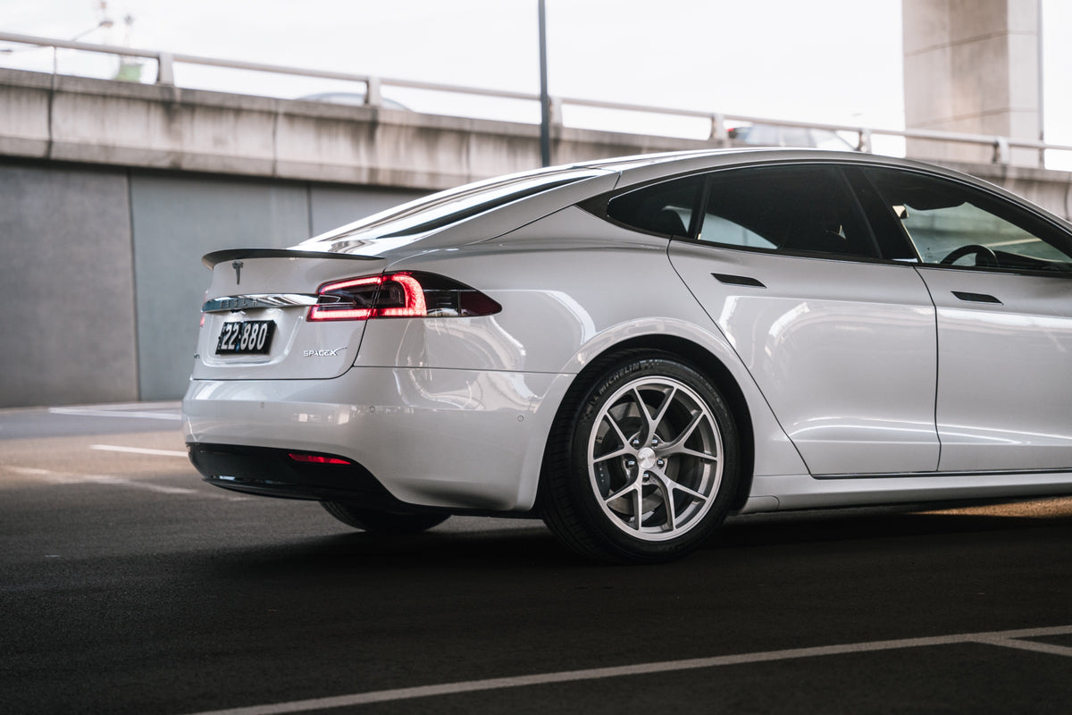 SWF07 forged wheels on a Tesla Model S, rear side view