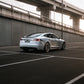 SWF07 forged wheels on a Tesla Model S, rear three-quarter at the overpass